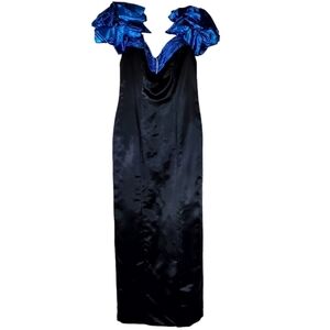 🟢7495 * Zum Zum Formal Satin Dress Black Blue Size 3/4 Vintage 80s Union Made